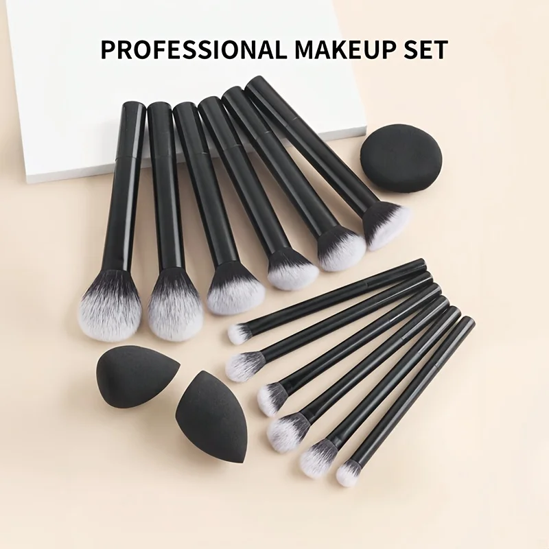 15pcs Professional Makeup Brush Set with Angled Makeup Sponge, Synthetic Fiber Foundation, Blush, Highlighter, Eyeshadow, Eyelas