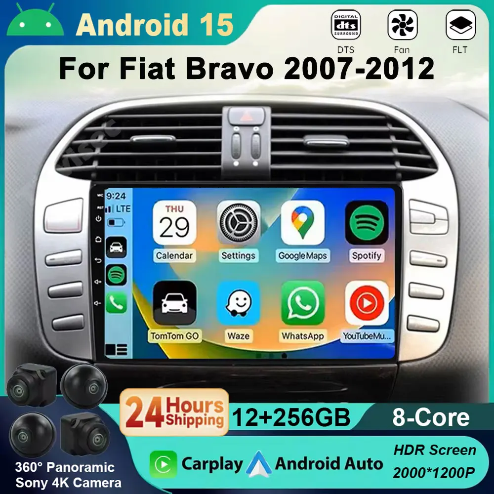 

Android 15 2K QELD Wireless Carplay Auto для Fiat Bravo 2007-2012 Автомобильный радиоприемник 4G Мультимедийный видеоплеер Навигация GPS HeadUnit