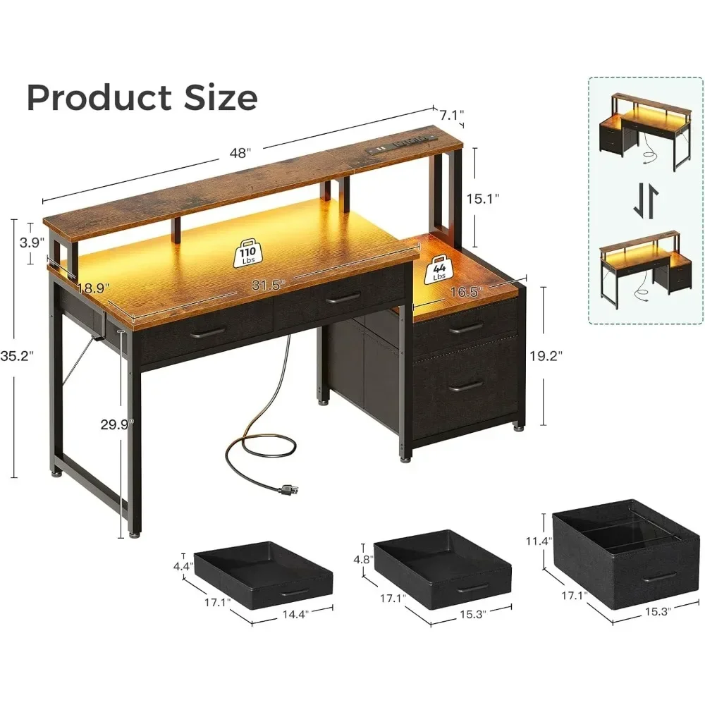 48-Inch Computer Desk with File Cabinet and Fabric Drawers, Reversible Office Desk with LED Strip and Power Strip