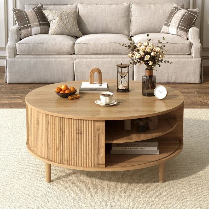 

Minimalist Round Lift-Top Coffee Table with Hidden Storage and Sliding Door, Pine Legs, Wood Wave Finish
