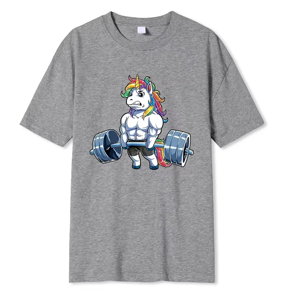 

2025 New Hot Fun Ridiculous Exaggeration Gym Unicorn Fitness Fitness Round Neck Cotton T-shirt Men's Casual Short Sleeve T-shirt