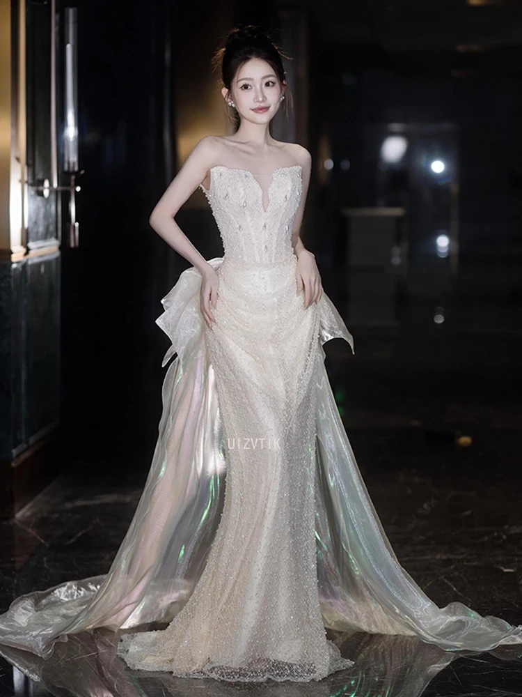 

Роскошное женское платье для выпускного вечера с открытыми плечами, Русалка, бисер, тюль, вечерние свадебные платья, свадебное платье, сексуальный бант со шлейфом, Vestido De Noiva