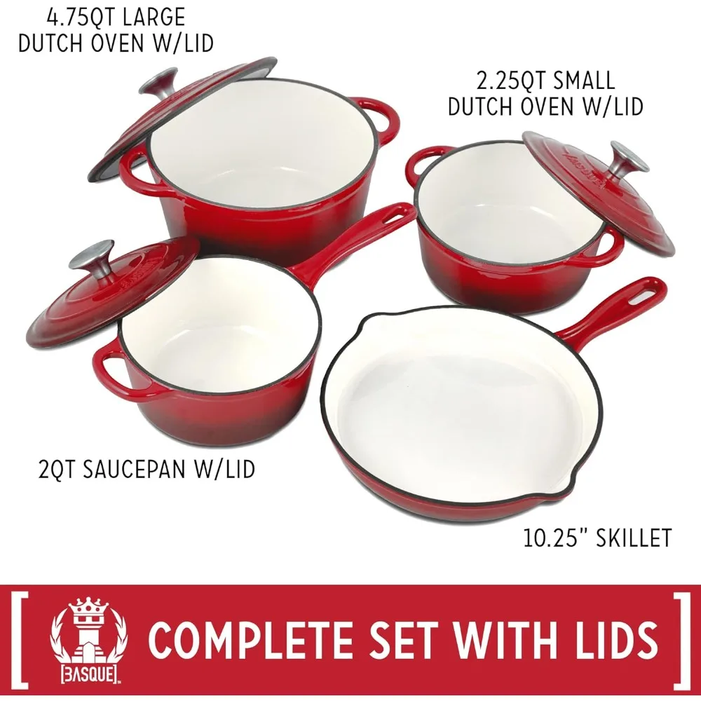 Basque Enameled Cast Iron Cookware Set, 7-Piece Set, Nonstick, Oversized Handles, Oven Safe; 10.25