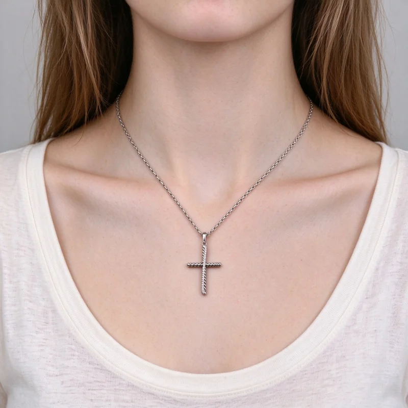 Silver Rope Twist Cross Pendant Necklace Pave Set with Clear Crystals on Vertical Bar, Twisted Cable Chain, Vintage Religious Charm, Women Fashion Jewelry Gift, Daily Party Wear Accessory, High Quality Polished Alloy, Hypoallergenic Durable Necklace Gift