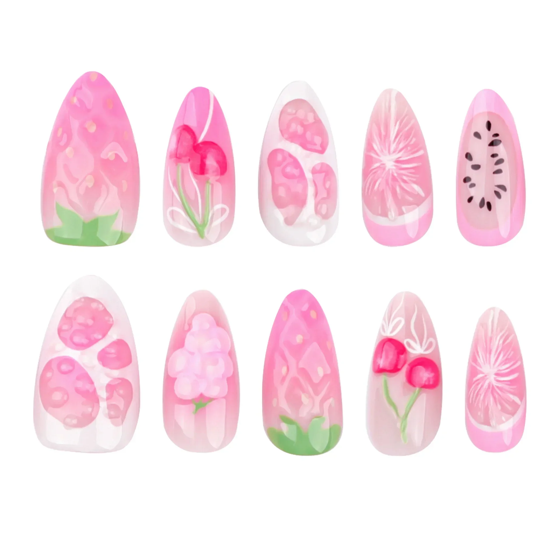 24Pcs Pink Sweet Almond Fake Nails Fruit Party 3D Cherry Grape Decoration False Nails Wearable Full Cover Press on Nail Tips Art