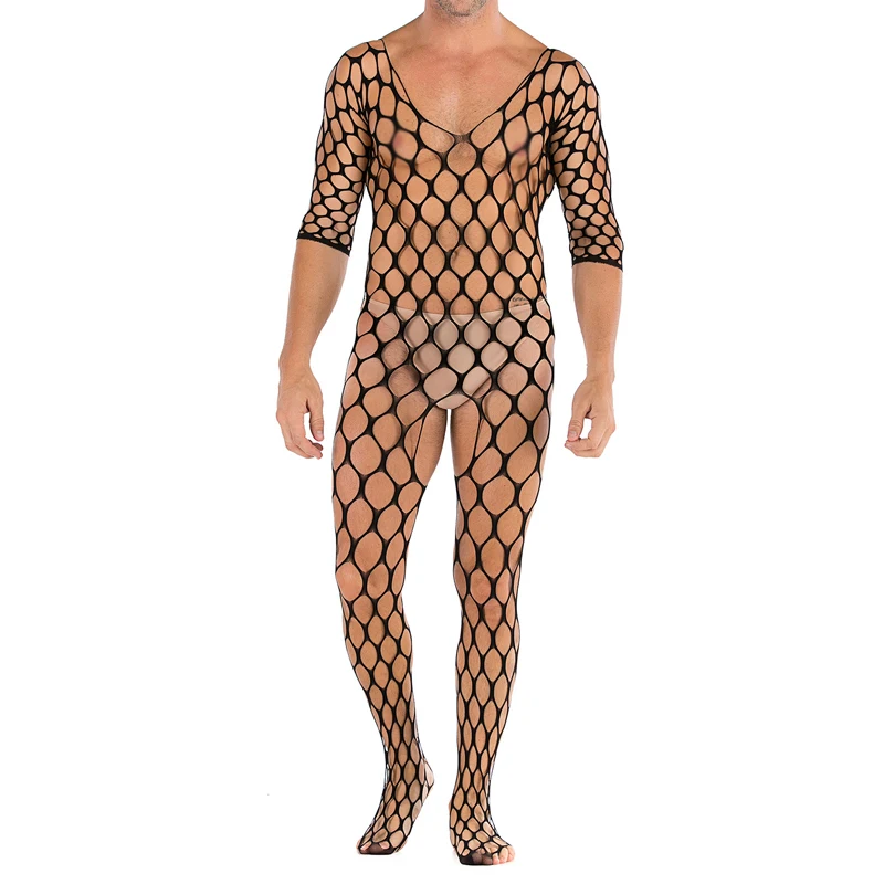 

Mens Bodysuit Jumpsuit Fashion See Through Tight Sheer Body Stocking Slim Lingerie 3/4 Sleeve Pantyhose Hollow
