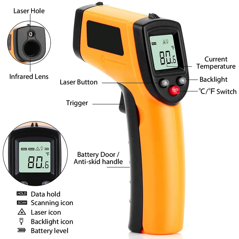 Digital Infrared Thermometer Handheld Pyrometer Gun -50~380°C C/F Non-Contact Thermometer Gun for Meat Buffalo Milk BBQ Cooking