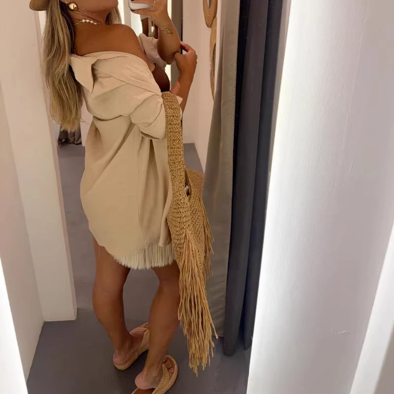 

Женский повседневный пляжный комплект из двух предметов: простой однотонный костюм с рубашкой с длинным рукавом, декорированный бахромой, асимметричный, весенний наряд