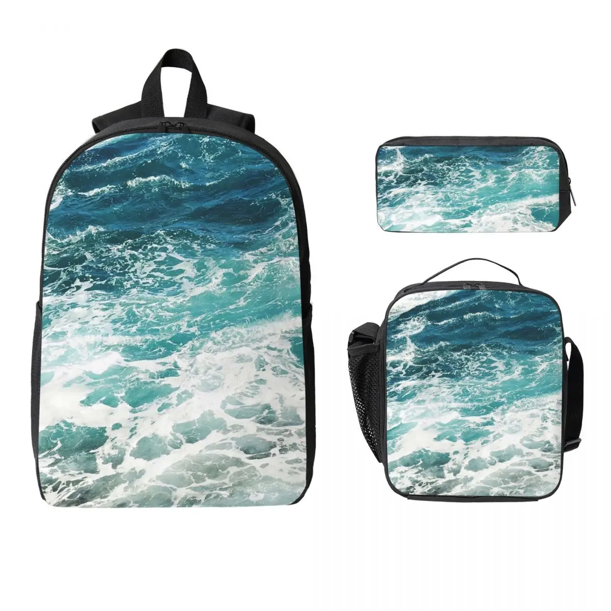 Mochila Blue Ocean Waves para estudiantes, niños y niñas, mochila escolar, bolsos de hombro para ordenador portátil, 3 piezas, bolsa de almuerzo aislada, estuche para lápices