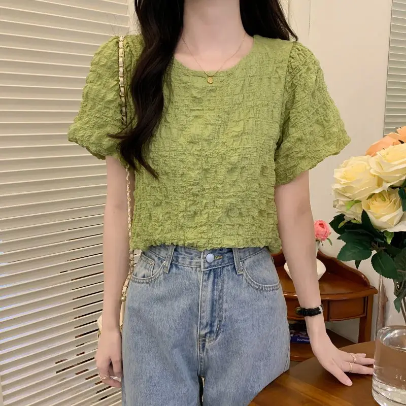 Puff Sleeve Blouses Women Folds Design Sweet Loose Casual Solid Korean Style Summer New Ladies Temperament All-match Aesthetic