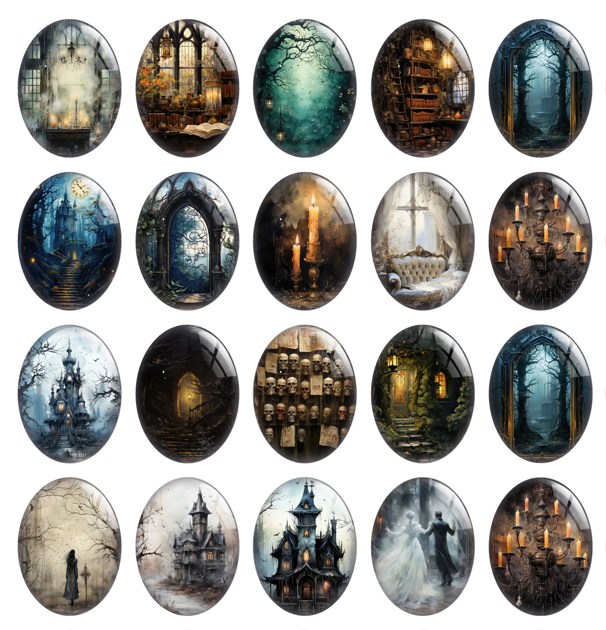 10pcs/lot Halloween Horror Gothic Dark Skull Hunting House Oval Photo Glass Cabochon Flatback Demo Cameo Diy Jewelry Making