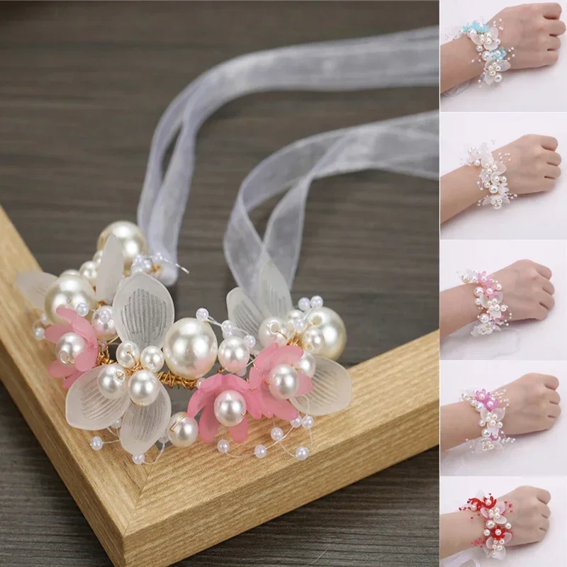 Wrist Flower Artificial Pearls Bridesmaid Children Hand Flower Marriage Beautiful Bride Wedding Bracelets Girls Romantic