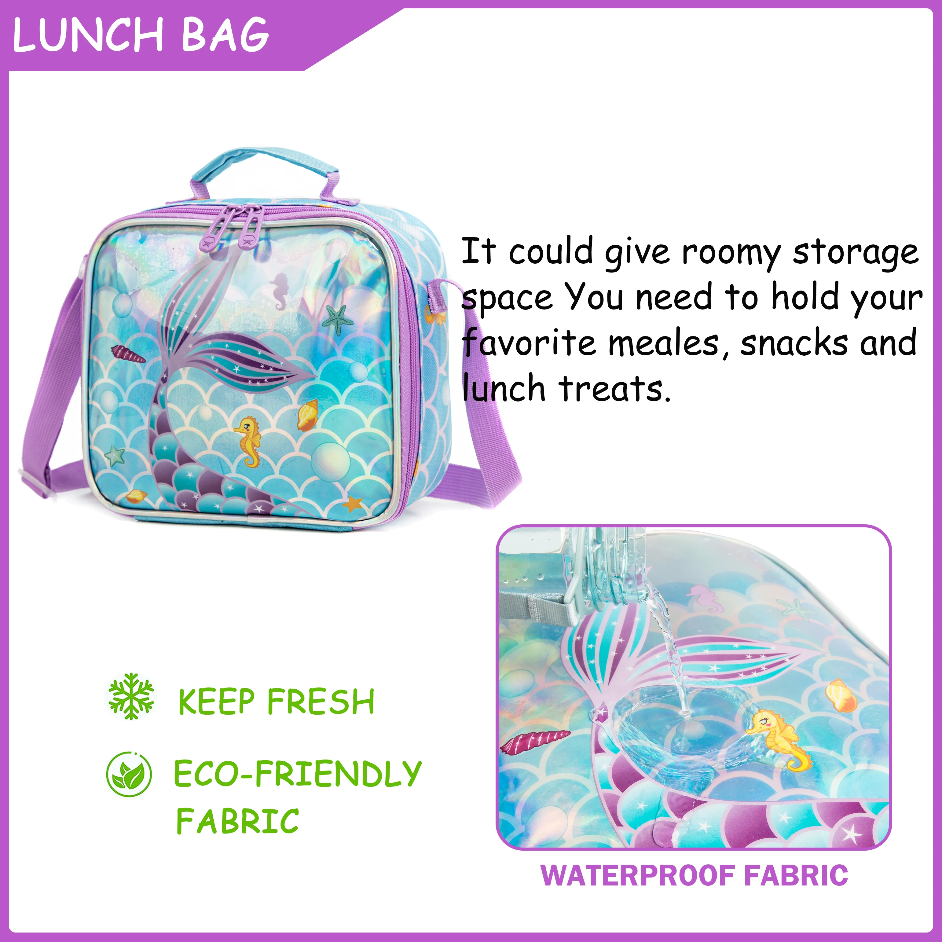 Meetbelify Cute Blue Mermaid Backpacks for Girls Elementary Kindergarten Students with Lunchbag and Penbag