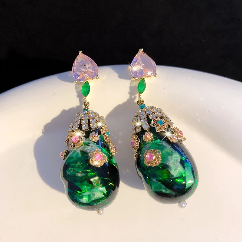 luxury niche hand-style vintage Bohemian green pink zircon earrings teardrop pendant court elegant fine jewelry