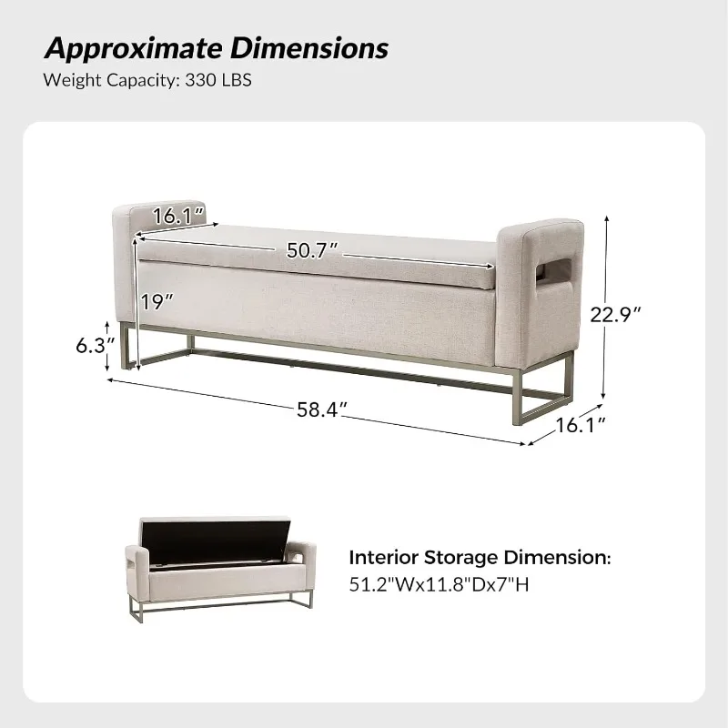 Storage Ottoman Bench with Armrests & Metal Legs, 59-Inch Extra Long Accent Bench for End of Bed Comfy Upholstered Footstool