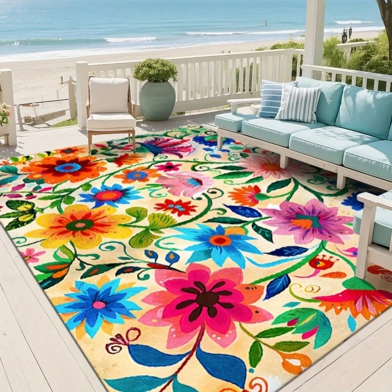 Beige Base Bright Mexican Floral Print Large Felt Area Rug Non Slip Bohemian Outdoor Patio Floor Carpet