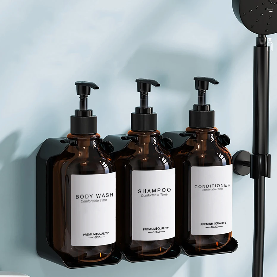 Dispensador de Jabón de Pared, Juego de Botellas Recargables para Champú, Acondicionador y Gel de Ducha, Soporte para Pared de Ducha