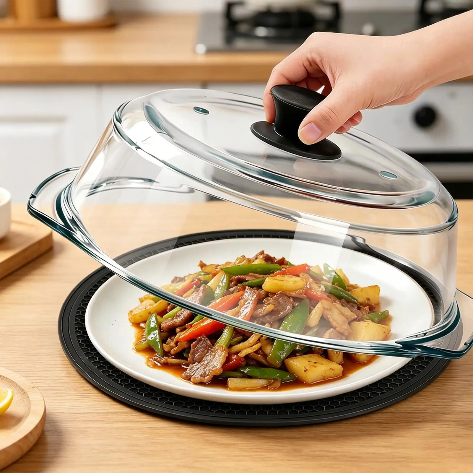 

Glass Microwave Cover for Food Clear Heating Reusable Lid with Silicone Handle Microwave Splatter Cover Glass for Oven Bowls