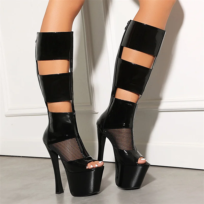 Woman Patent Leather 17CM High Heel Cool Boots Sexy Hollow Out Summer Breathable Mesh Knee-high Boots Peep Toe Women Shoes