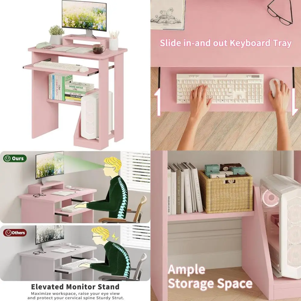 

Compact 30 Pink Desk with Storage & Keyboard Tray, Modern Space-Saving Workstation for Study & Writing