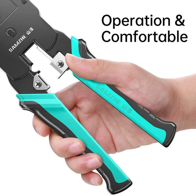 SAMZHE RJ45 Pinza a crimpare Pass Through Crimper Stripper Cutter per Cat7 Cat6 Cat5e 8P8C Connettore modulare Strumento per cavi Ethernet