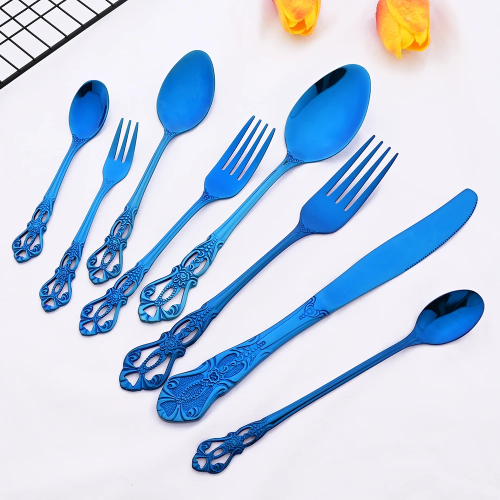 Mirror Blue Silverware Cutlery Sets 304 Stainless Steel Flatware Dining Knife Spoon Fruit Fork Ice Spoon Kitchen Dinnerware