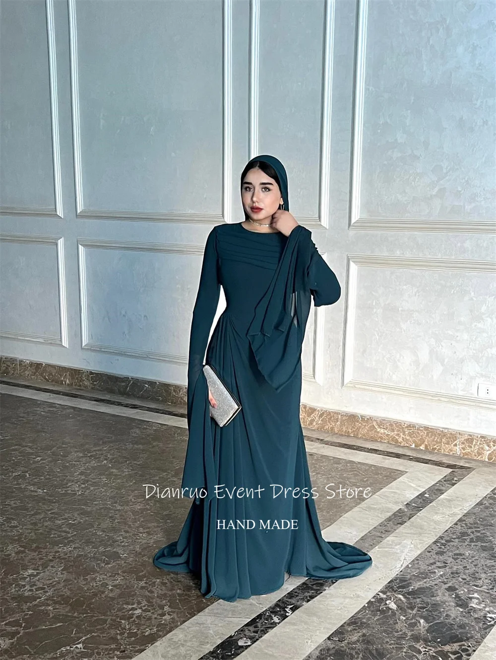 Dianruo современное вечернее платье с рюшами и длинными рукавами, шифоновое платье макси с круглым вырезом, платье для выпускного вечера в Аравии, скромные мусульманские платья для гостей по индивидуальному заказу