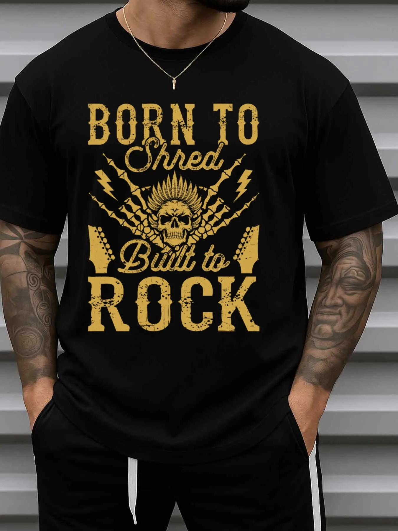 Born to Rock Men's T-Shirt - Pure Black Short-Sleeve Shirt with Guitar and Rock Creature Designs, Suitable for Concerts, Practice, and Everyday Casual Wear