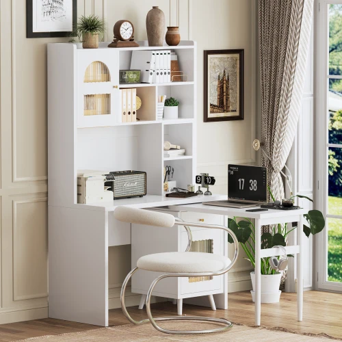 Modern Glass Computer Desk With 90 Degree Rotating Desktop Durable Office Desk With Storage Drawer Shelves And Cabinets