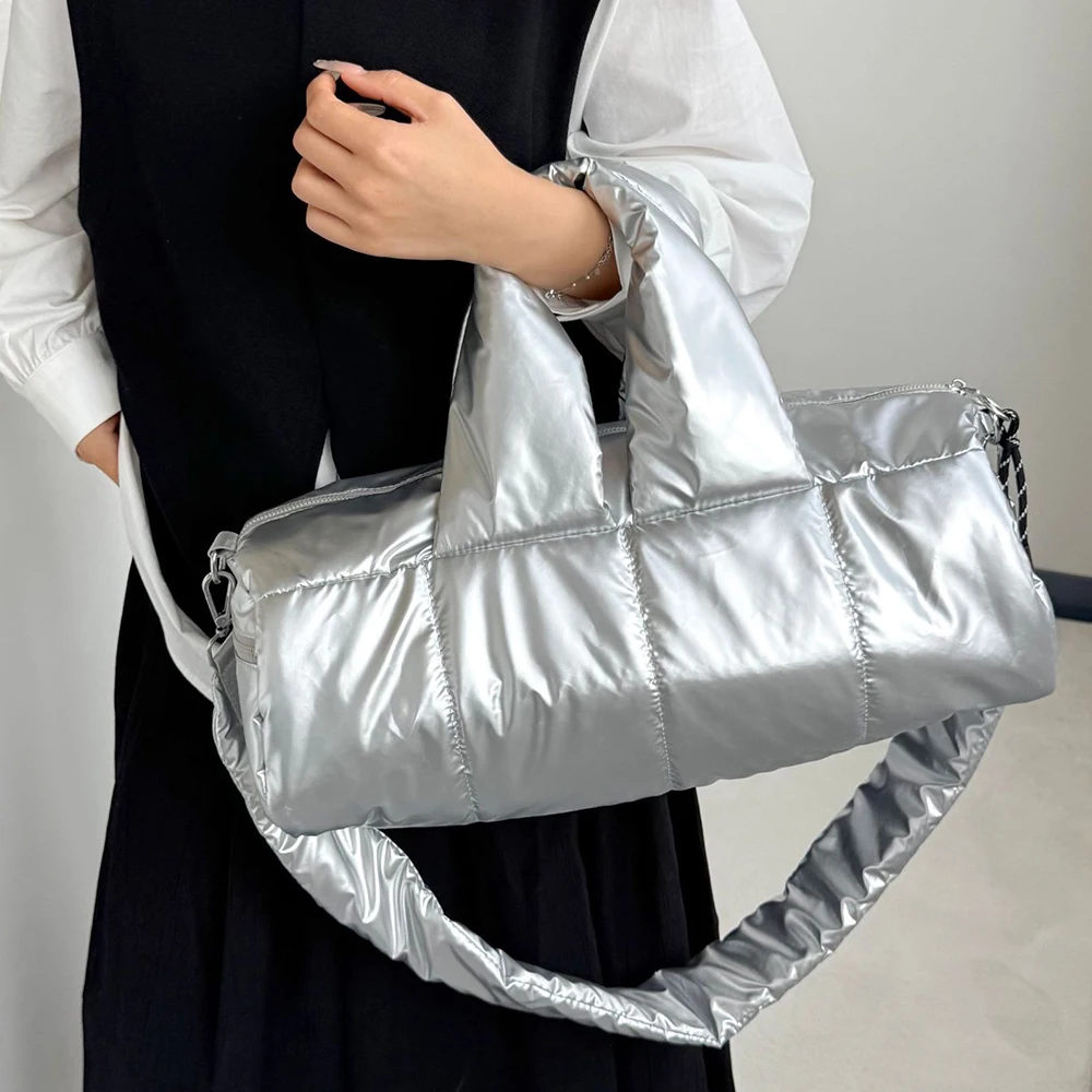 Puffy Nylon Padded Shoulder Bag Winter Quilting Cotton Handbags and Purses Down Space Bags for Women Barrel-Shaped Shopper Tote