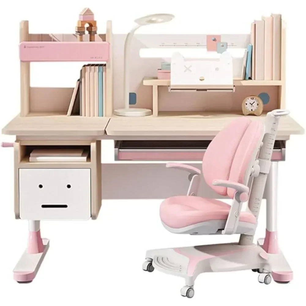 Kids Desk and Chair Set, Wood Adjustable with Bookshelf, Tiltable Desktop, Tablet Holder and Drawers for Writing, Reading