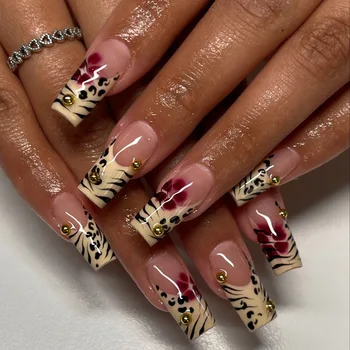 Uñas postizas con estampado de leopardo negro, amarillo claro, flores rojas francesas, uñas postizas con acabado desmontable a la moda, uñas postizas con pegamento
