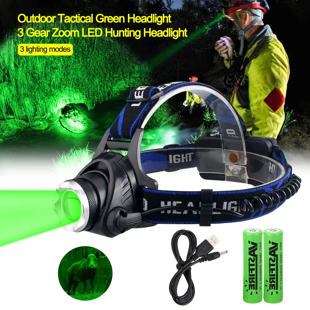 

2000LM Zoomable Headlamp Green/Red/UV 395nm Light Outdoor UV Headlight Waterproof USB Head Lamp 3 Modes Torch Hunting Lantern