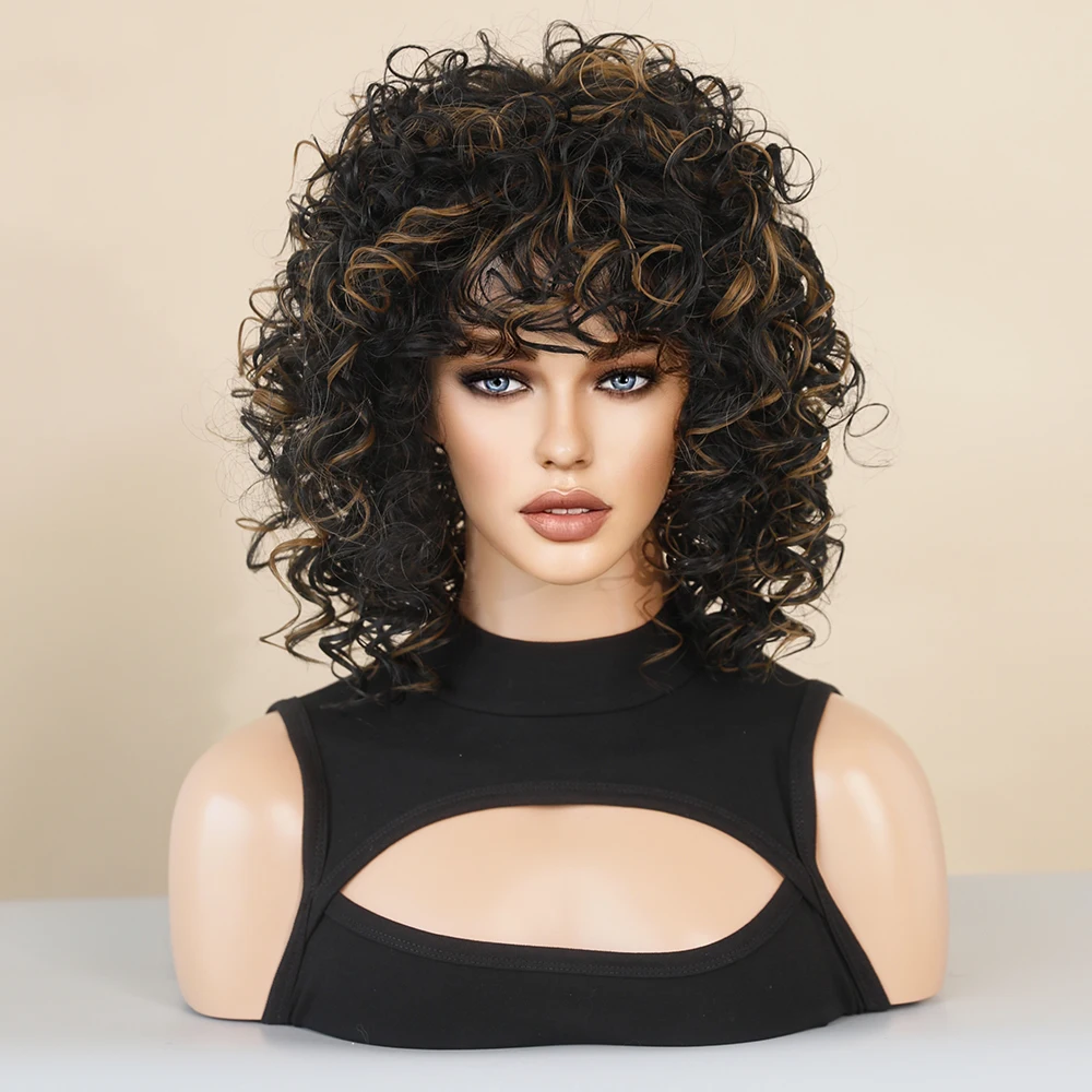 Natural Black Short Curly Hair Wig for Women Heat Resistant Synthetic Wig with Bangs Party Daily Use Afro Female Wig Hair