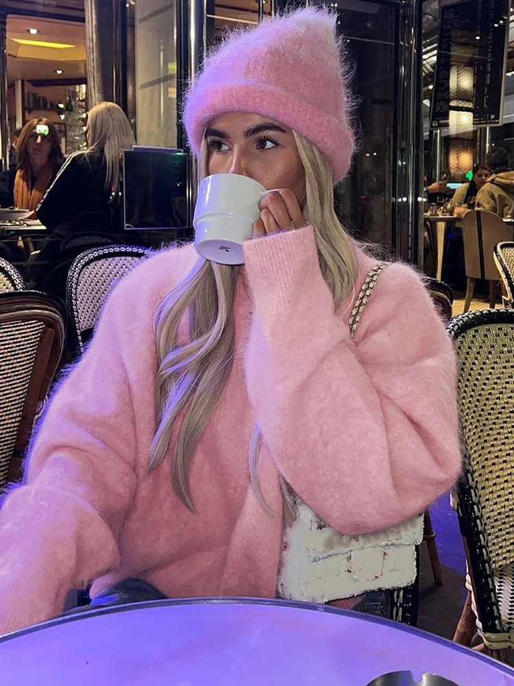 Fantoye Knitted Round Neck Pullover Women Sweater Pink Long Sleeve Solid Casual Sweater Female Winter New Warm Loose Streetwear