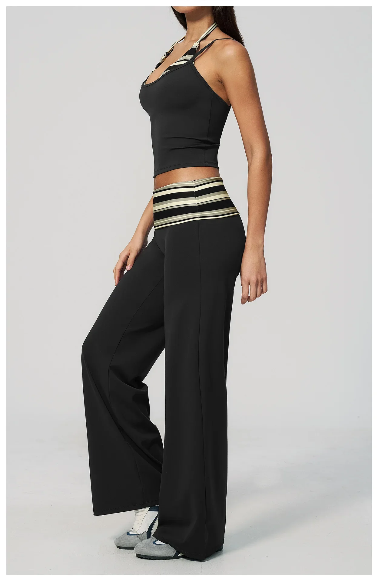 Damen-Yoga-Hose mit weitem Bein, atmungsaktiv, für Sport und Fitness, Schlaghose, hohe Taille, gestreifte Yoga-Hose, gepunktete Trainingshose, ausgestellte Hose – Detail 40