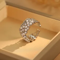 New Fashion Light Luxury Copper Imitation Pearl Irregular Adjustable Ring Women's Banquet Jewelry 2024