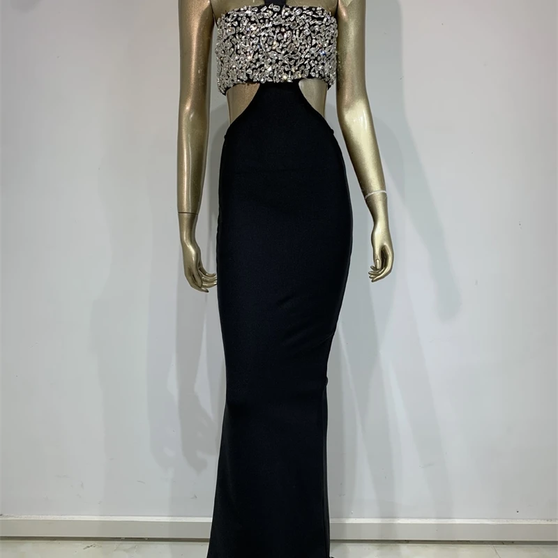 女性ブラックホルタークリスタル背中の開いたカットアウトロング包帯ドレス誕生日セレブイブニングクラブパーティーワンピースガラドレス