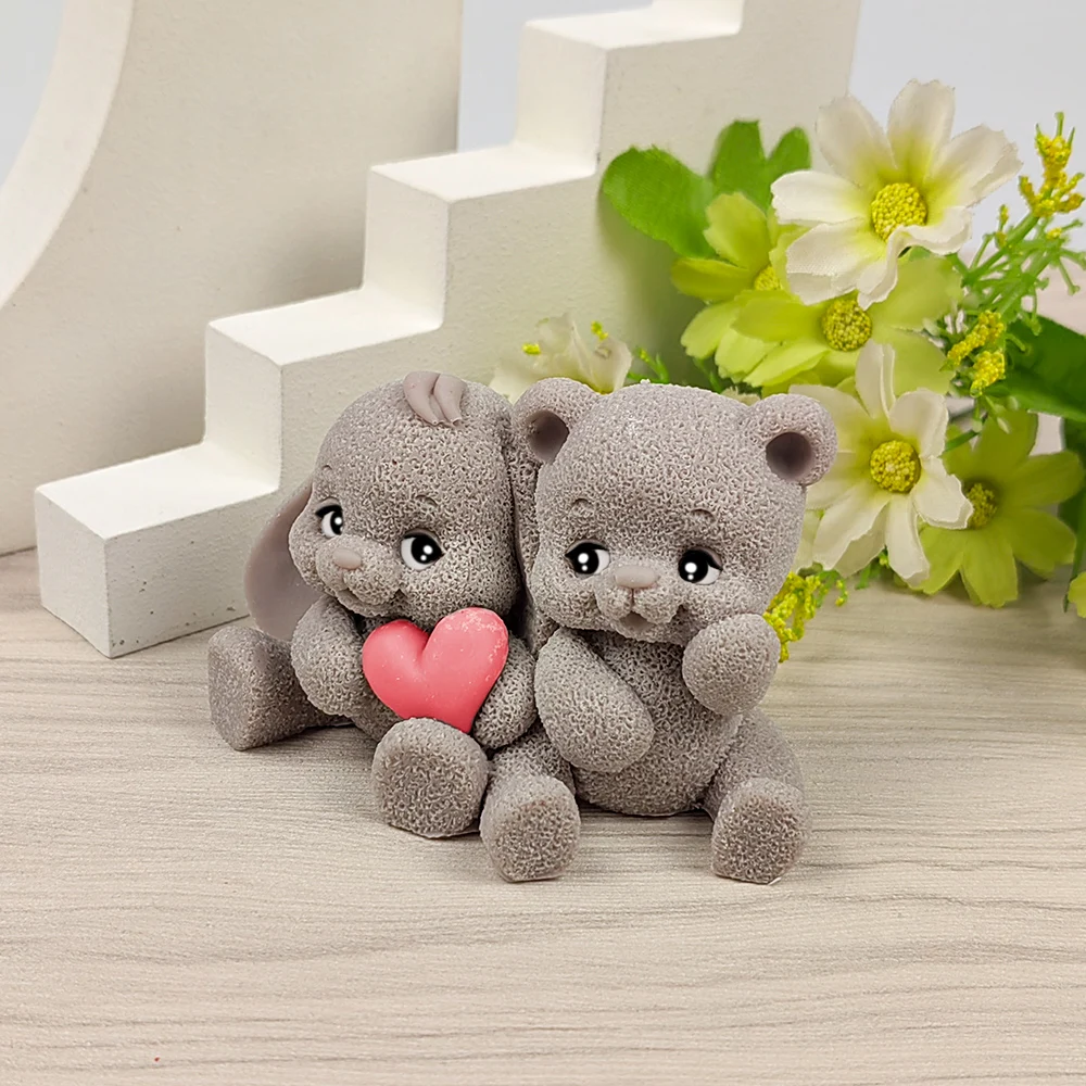 DW0404 PRZY Silicone Candle Mold 3D Rabbit and Bear Couple Moulds Animals Soap Molds Wedding Birthday Valentine\'s Day Clay