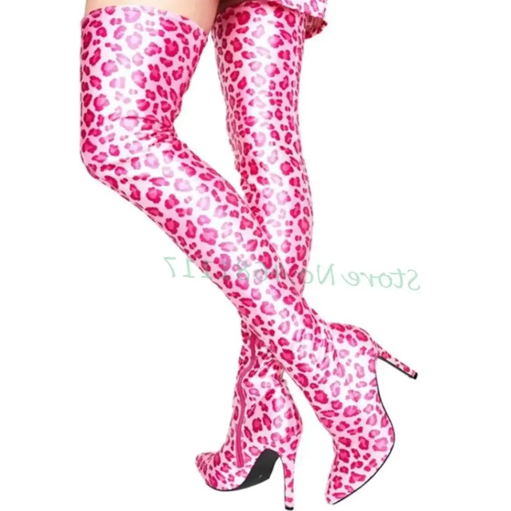 Pink Leopard Stiletto High Boots Pointy Toe Sexy Women's Thigh High Heels Boots Side Zipper 2022 Newest Dots Pattern Slim Shoes