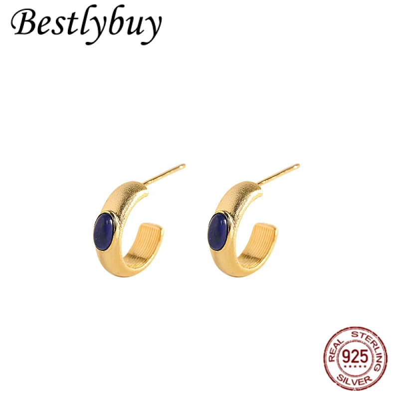 

Natural Lapis Lazuli 925 Pure Silver Gold-plated Brushed C-shaped Unique Design Minimalist Earrings Women's Fashion Jewelry