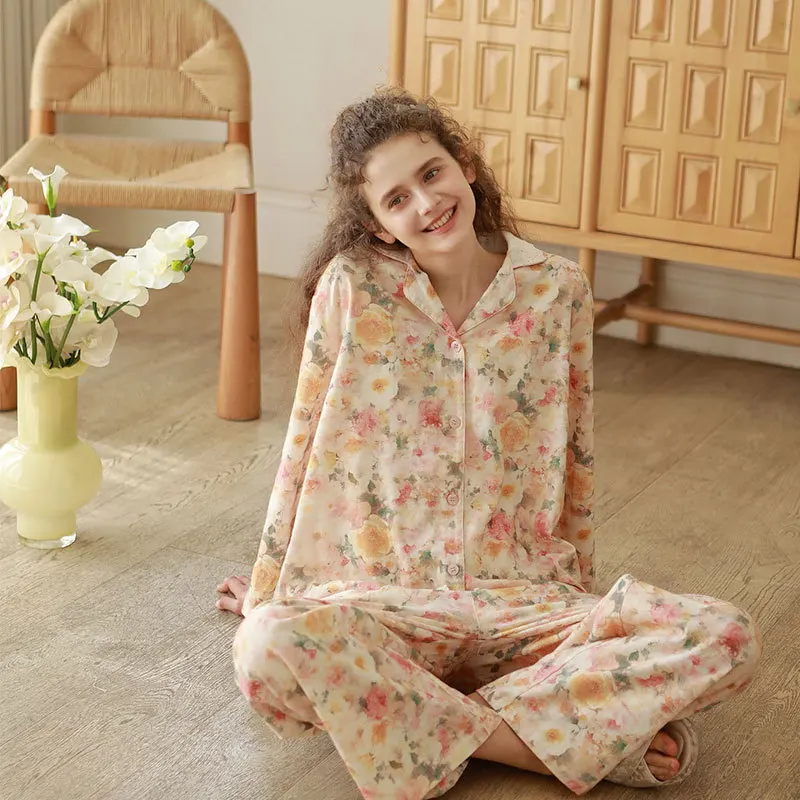 

Теплый фланелевой пижамный комплект из 100% хлопка, женская уютная одежда для сна с начесом на зиму, винтажная домашняя одежда с кружевной отделкой и цветочным принтом розы