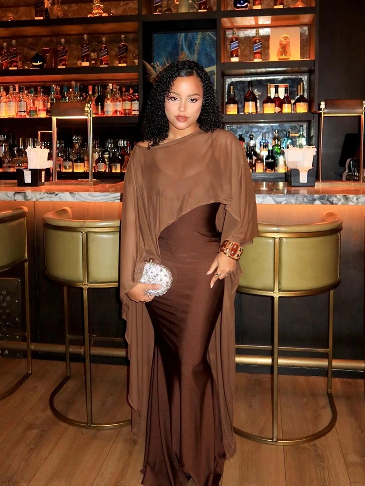 

Sistrlinda Elegant Dress Suits Woman Mesh Patchwork Extended Shawl+Low-Neck Sleeveless High Waist Long Bodycon Fashion Outfits