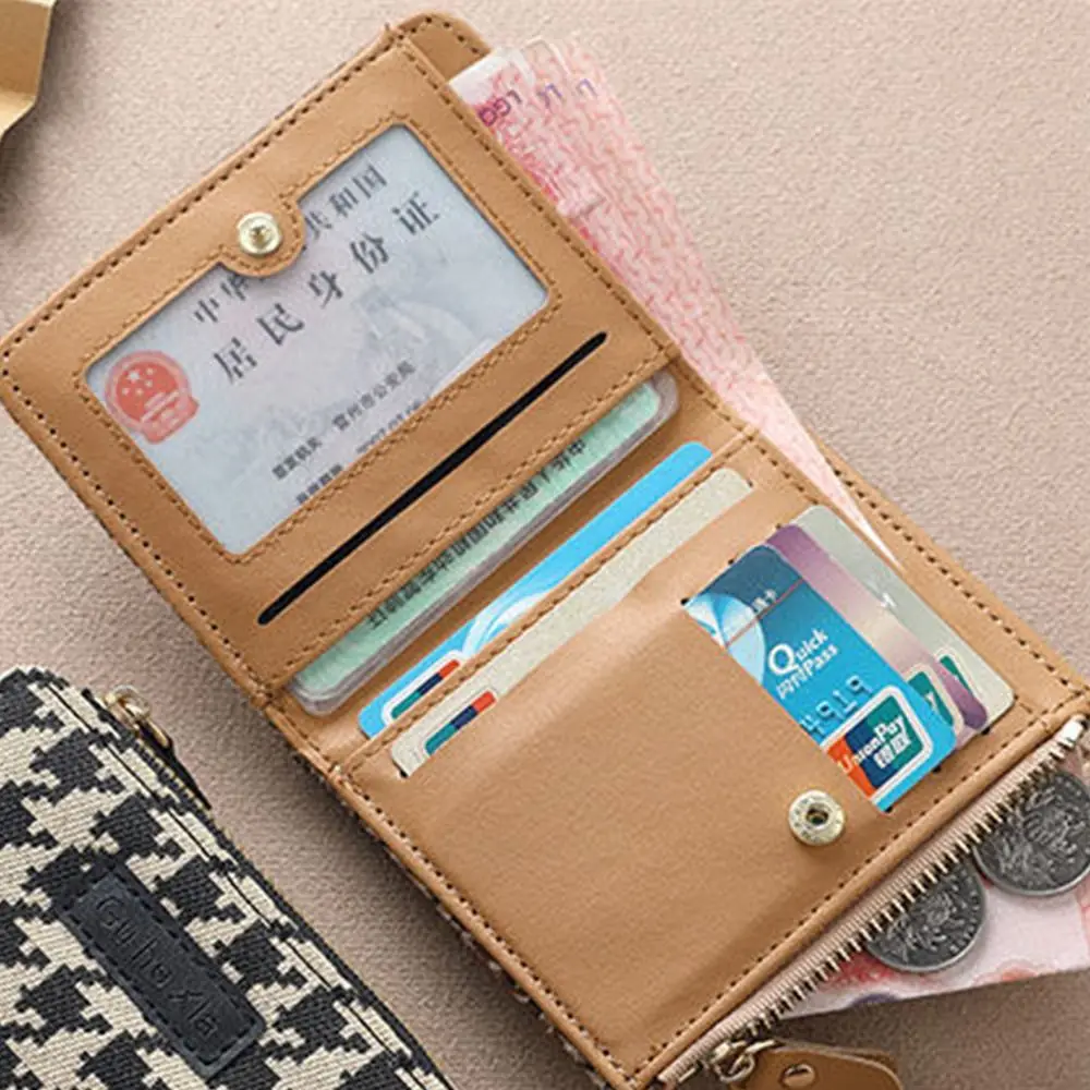 Korean Style Retro Houndstooth Short Wallet PU Leather Card Bag Female Multi-card Slot Credit Card Bag Small Zipper Coin Purse