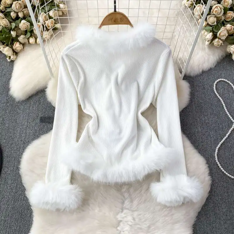 Women Plus Size Faux Fur Splice V Neck Jacket Long Flare Sleeve Slim Fit Y2K Cozy Autumn Winter Outerwear Up To 300LBS view 5