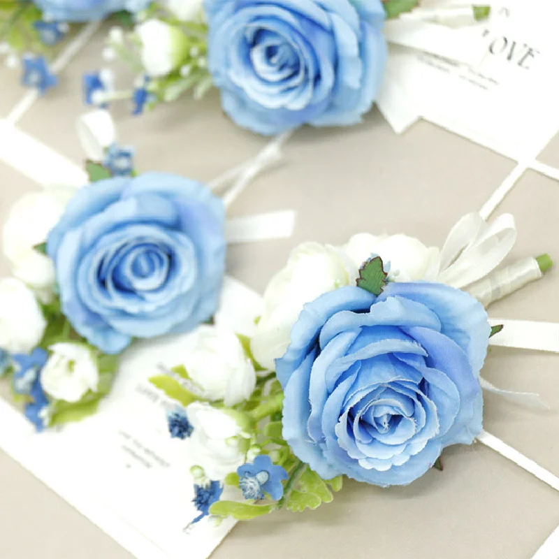 Boutonniere y Corsag de muñeca, suministros de boda, arte de flores de boda, simulación de flores, celebración de negocios, invitados, blanco y azul 422