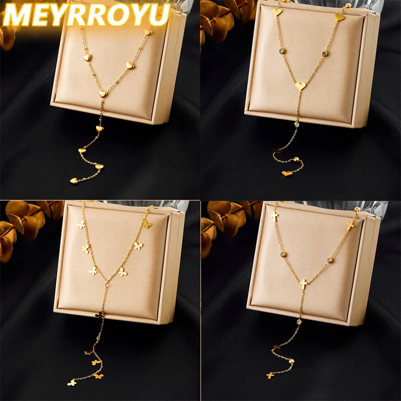 MEYRROYU 316L Stainless Multi-Element Cross Heart Flower Butterfly Series Long Pendant Necklace Women Fascinating Clavicle Chain