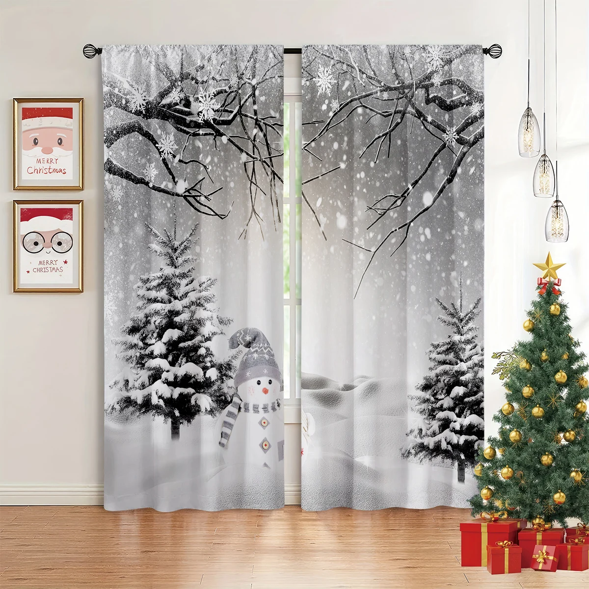 2 Pieces Curtains With A Cartoon Winter Snowman Print—Light-Filtering Decorative Curtains For Christmas Holiday Parties.