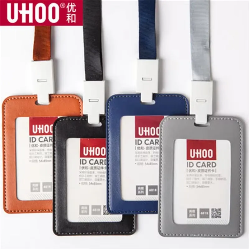 2Pcs Soft PU Leather ID Badge Holder Double Sided Clear Window Card Case Portable Name Tag Cover for School Office