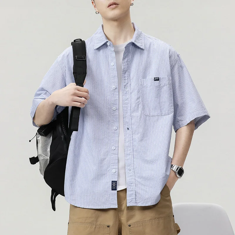 

Japanese Vintage Men's Shirt 2025 Summer Lightweight Short Sleeve US Street Style Relaxed Baggy Fit Top Fashion Striped Shirts